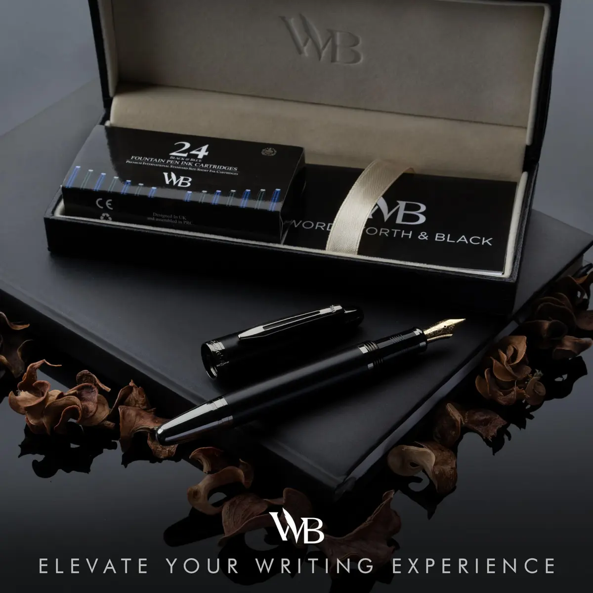 Wordsworth & Black Majesti Luxury Fountain Pen Set with Medium Nib | Brass, Black Lacquer, German Iridium Nib, 24 Ink Cartridges - view 2