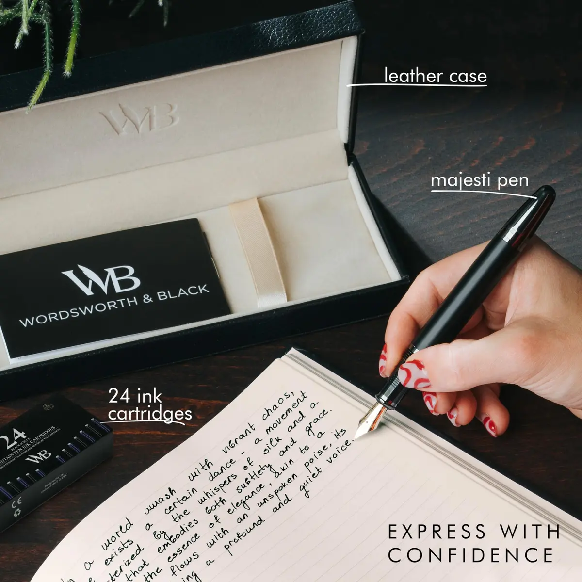 Wordsworth & Black Majesti Luxury Fountain Pen Set with Medium Nib | Brass, Black Lacquer, German Iridium Nib, 24 Ink Cartridges - view 3