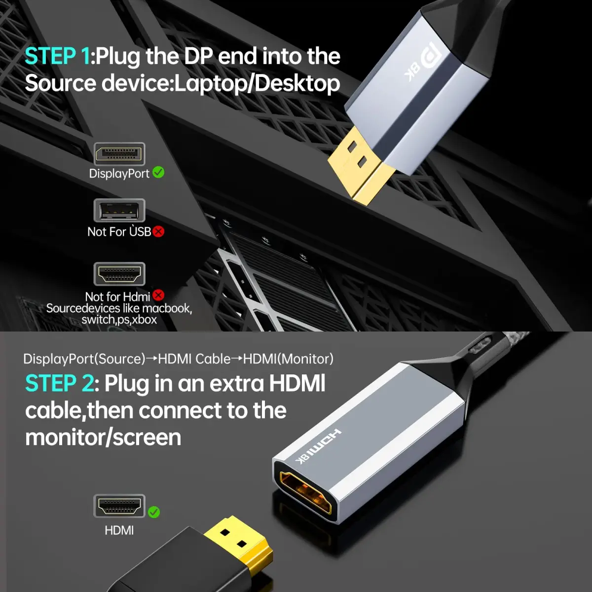 AGFINEST Active DisplayPort to HDMI Adapter 20cm (0.65ft) | 8K@60Hz 4K@120Hz DP 1.4 to HDMI 2.1 Converter - view 5