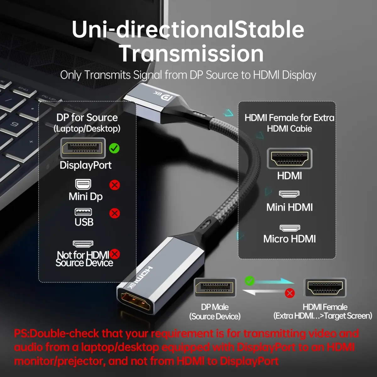 AGFINEST Active DisplayPort to HDMI Adapter 20cm (0.65ft) | 8K@60Hz 4K@120Hz DP 1.4 to HDMI 2.1 Converter - view 6