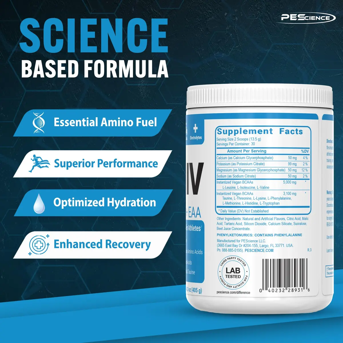 PEScience Amino IV BCAA & EAA Powder 13.8oz | High Leucine, Sugar-Free Hydration - view 5