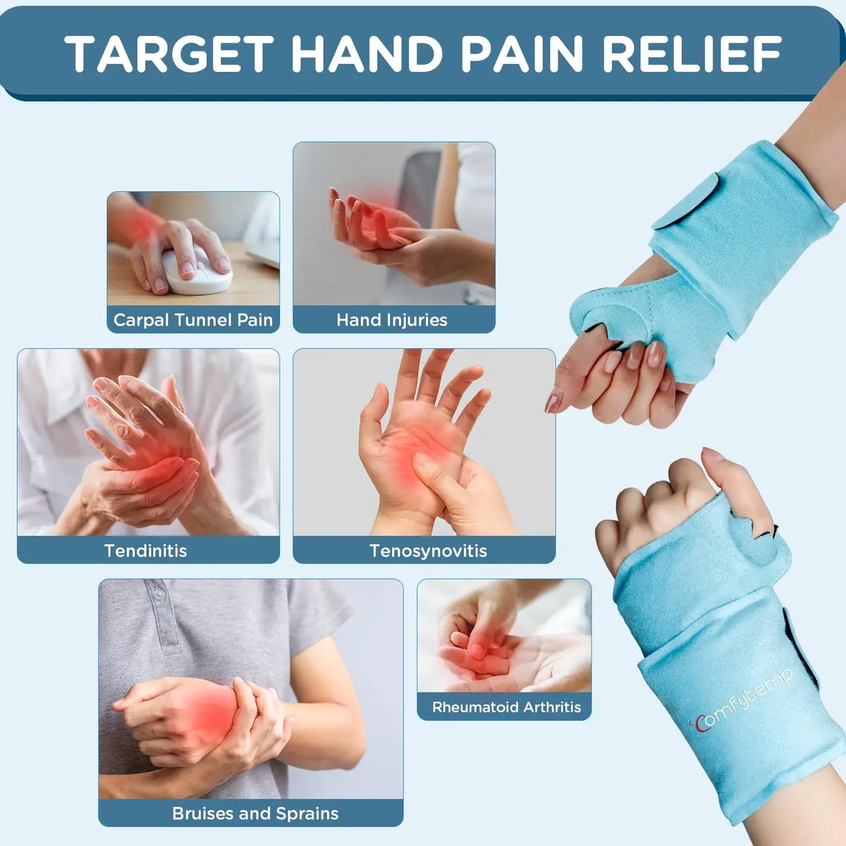Comfytemp Wrist Ice Pack Wrap Carpal Tunnel Relief 2 Pack | Targeted Cold & Hot Therapy for Hand & Wrist Pain - view 2