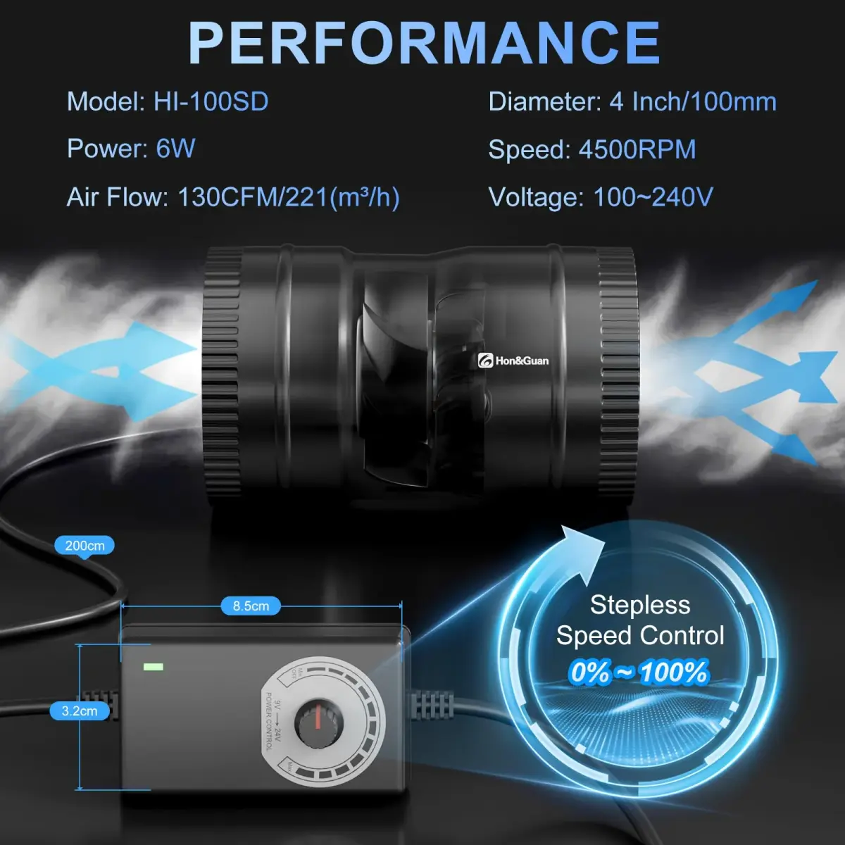 Hon&Guan 4 Inch Inline Booster Duct Fan with Speed Controller - 130 CFM | 100mm (4") Duct Size - view 6