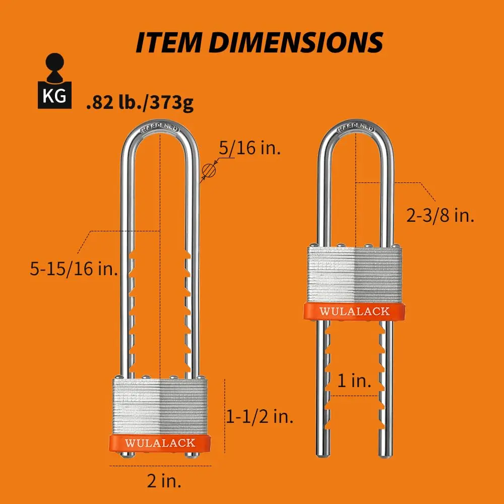 WULALACK Heavy Duty Laminated Steel Keyed Padlock with Adjustable Long Shackle | 2 inch Wide Body, 2-3/8 to 5-15/16 inch Shackle Length - view 2