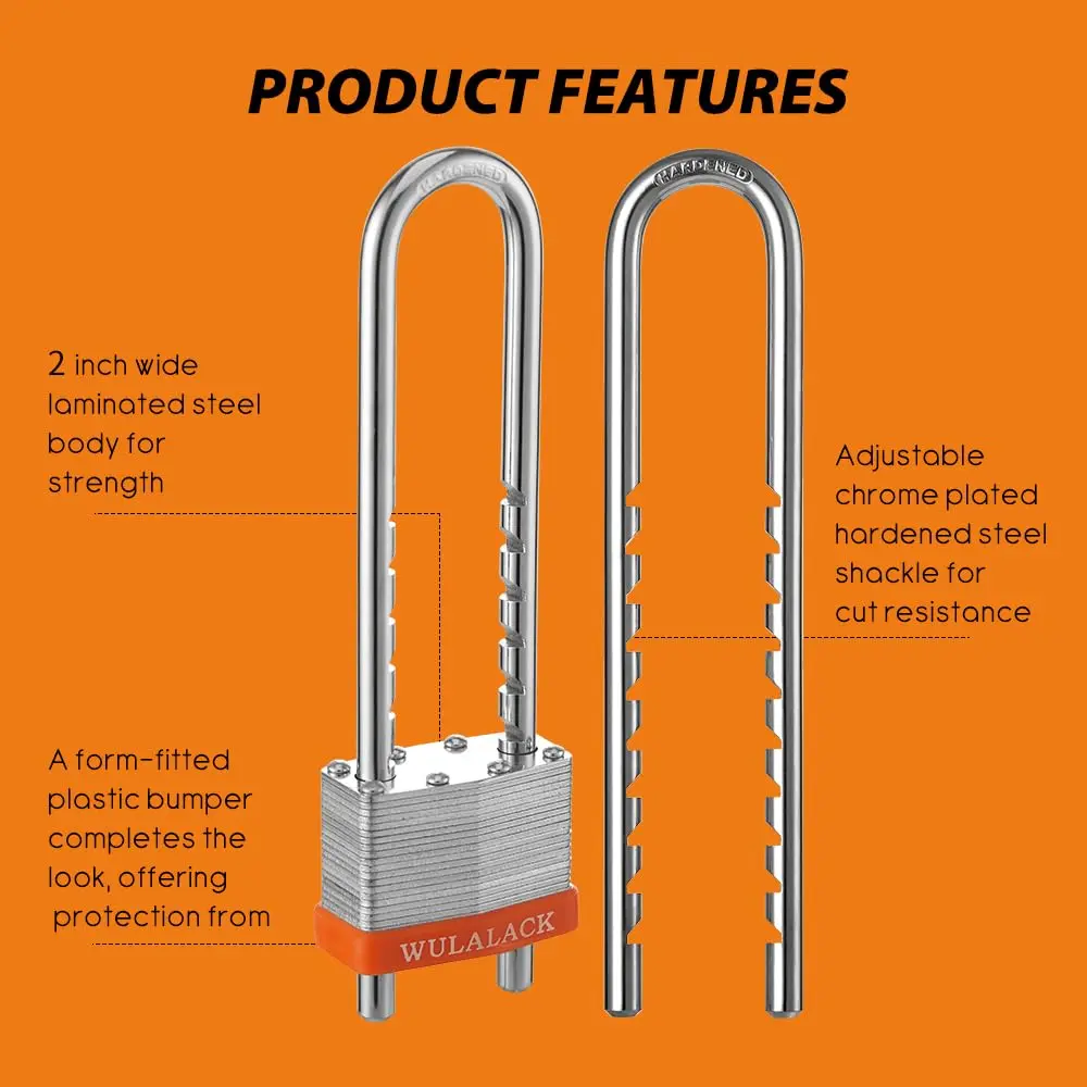 WULALACK Heavy Duty Laminated Steel Keyed Padlock with Adjustable Long Shackle | 2 inch Wide Body, 2-3/8 to 5-15/16 inch Shackle Length - view 3
