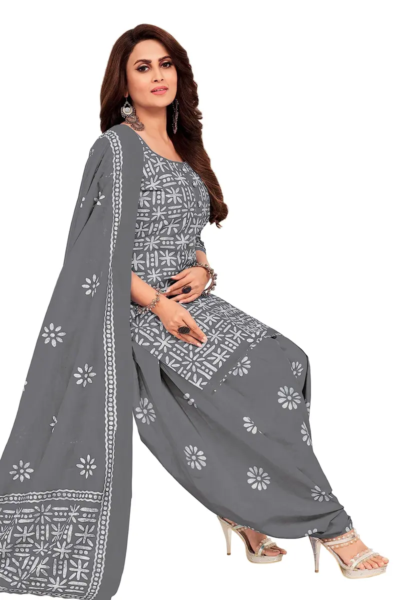 Miraan Women's Unstitched Cotton Batik Dress Material Free Size Grey | Ethnic Wear for Casual & Festive Occasions - view 5