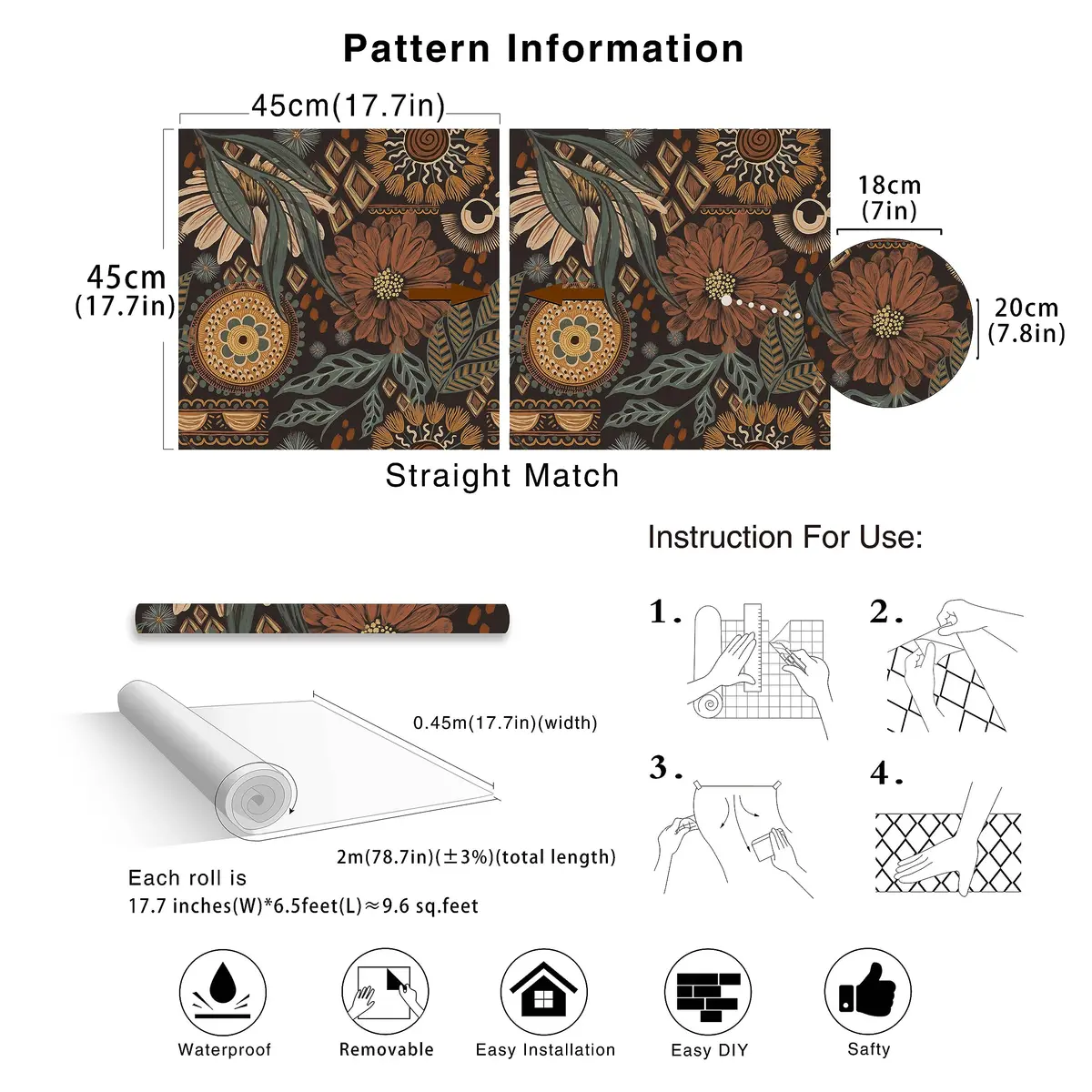 HAOKHOME Boho Floral Peel and Stick Wallpaper 17.3in x 6.6ft | Vintage Botanical DIY Decor - view 9