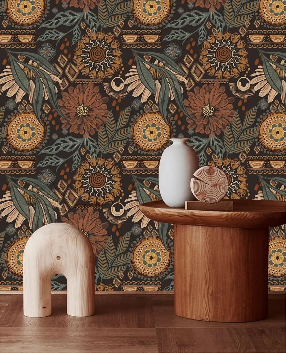 HAOKHOME Boho Floral Peel and Stick Wallpaper 17.3in x 6.6ft | Vintage Botanical DIY Decor - view 2