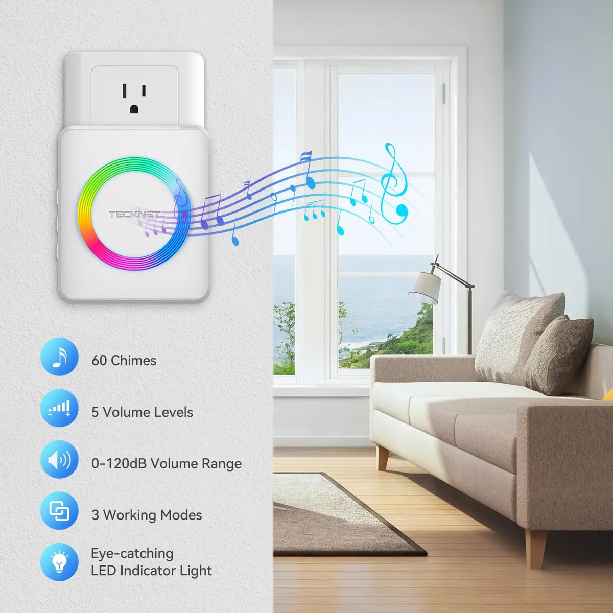 TECKNET Wireless Doorbell Kit with 1300ft Range & 60 Chimes | White (1 Transmitter & 1 Receiver) - view 2