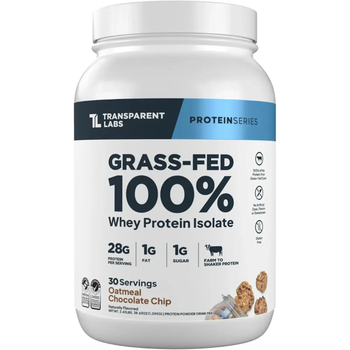 Transparent Labs Grass-Fed Whey Protein Isolate Oatmeal Chocolate Chip Cookie 1.04 kg (36.5 oz) | 28g Protein Per Serving - main product image