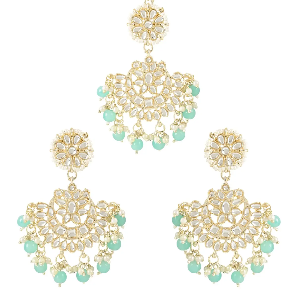 I Jewels Gold Plated Kundan & Faux Pearl Chandbali Earrings with Maang Tikka Set for Women | Traditional Indian Wedding Jewelry - main product image