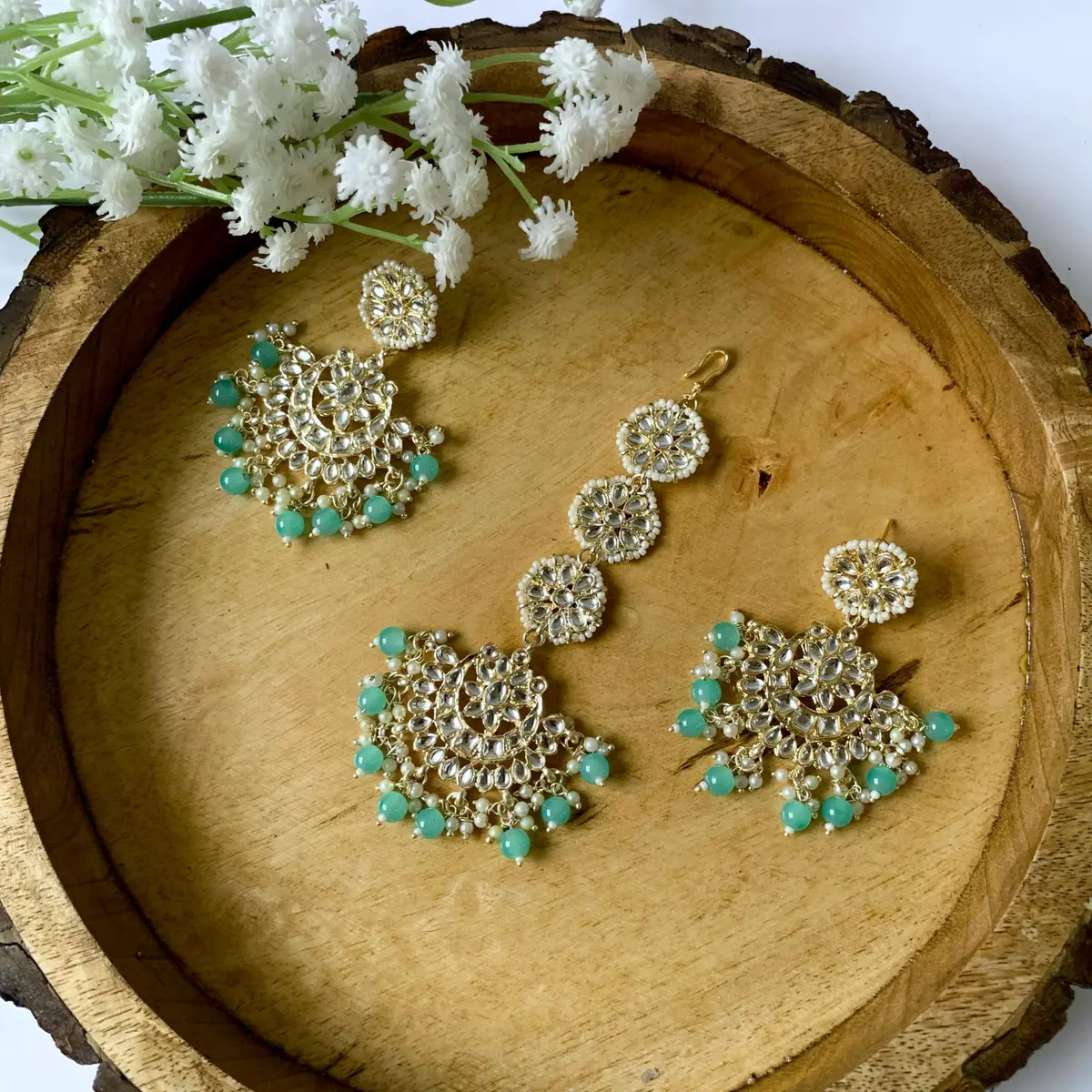 I Jewels Gold Plated Kundan & Faux Pearl Chandbali Earrings with Maang Tikka Set for Women | Traditional Indian Wedding Jewelry - view 2