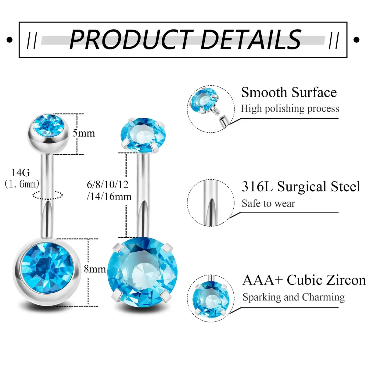 NICEIGHT 2PCS 14G Surgical Steel Belly Button Rings | Hypoallergenic CZ Navel Jewelry (12mm) - view 3