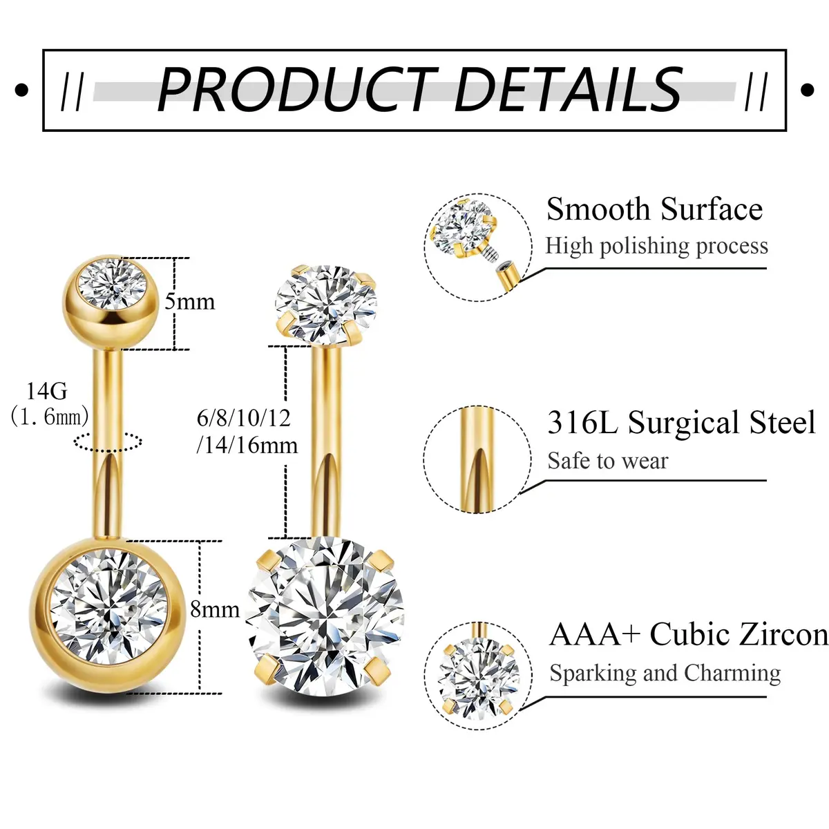 NICEIGHT 2PCS 14G Surgical Steel Belly Button Rings | Hypoallergenic CZ Navel Jewelry for Women - view 3