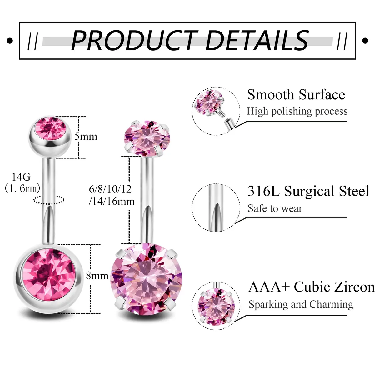NICEIGHT 2PCS 14G Surgical Steel Belly Button Rings | Hypoallergenic CZ Navel Jewelry (12mm) - view 3