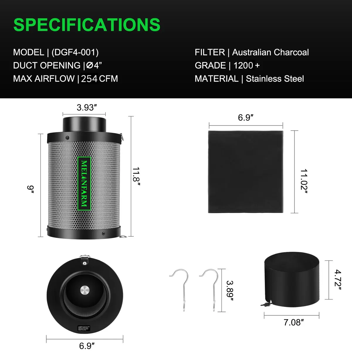 MELONFARM 4 Inch Air Carbon Filter with Australia Virgin Charcoal | Odor Control for Grow Tent & Hydroponics - view 6