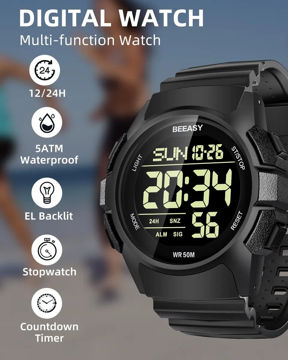 Beeasy Men's Digital Sports Watch 49mm (1.93 inches) | 5ATM Waterproof, Shock-Resistant, Stopwatch - view 2