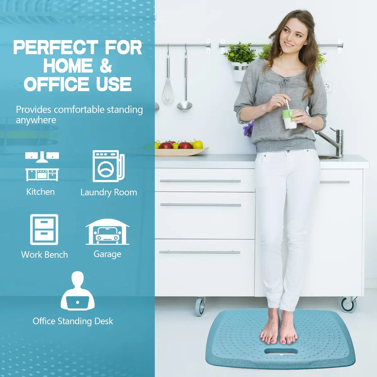 ergohead 3/4 inch Thick Office Standing Desk Mat | Anti-Fatigue Cushioned Floor Pad with Massage Points (Teal, 17" x 22") - view 5
