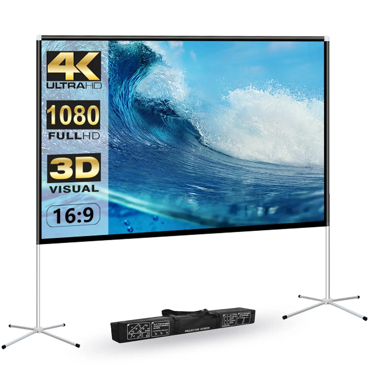 AODIOU 120 Inch Portable Projector Screen with Stand & Carry Bag | Wrinkle-Free HD 4K Outdoor Movie Screen - main product image