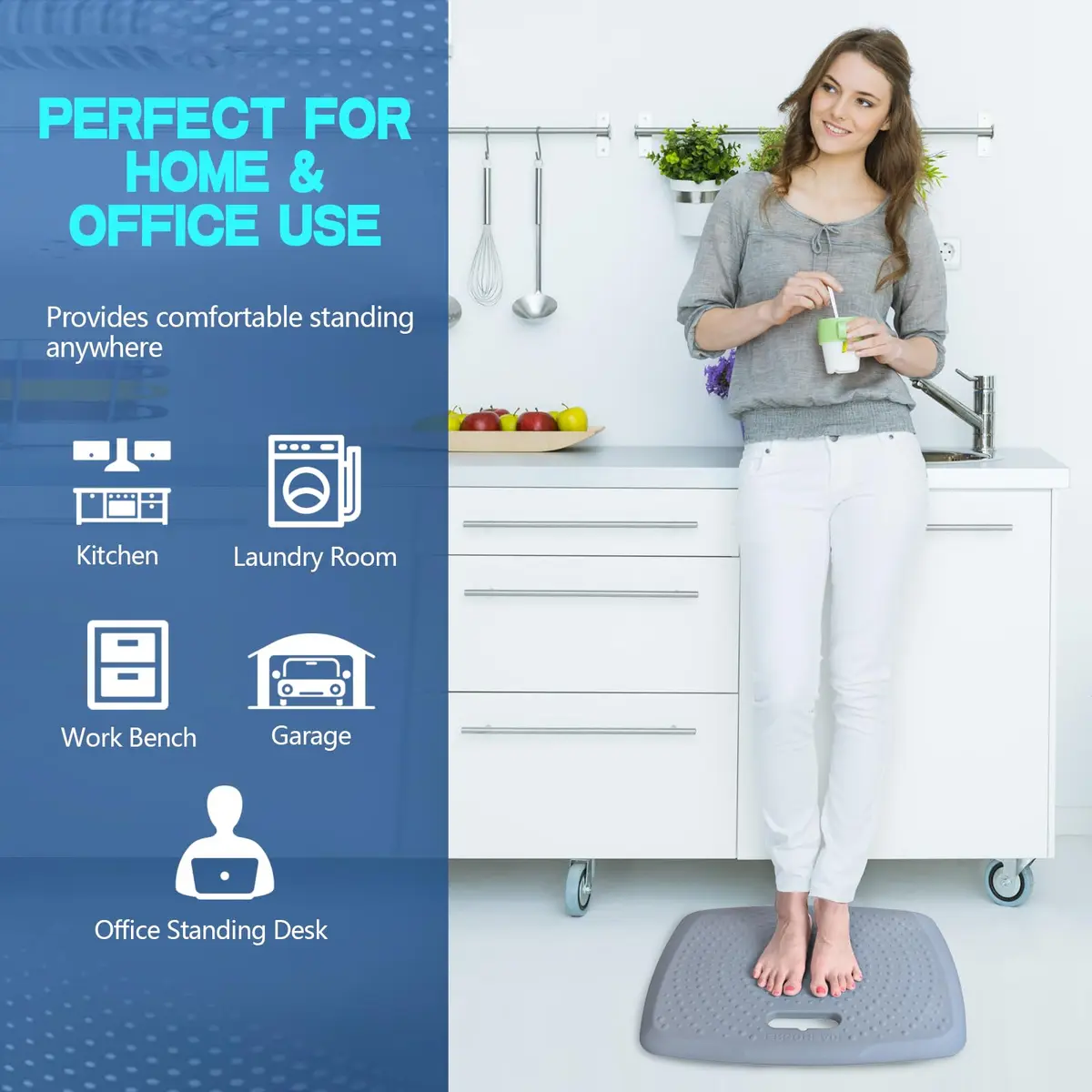 ergohead 3/4 inch anti fatigue standing desk mat, portable small standing pad with handle, waterproof kitchen floor mat with massage points, denim, 17" x 22" | Comfort & Support - view 5