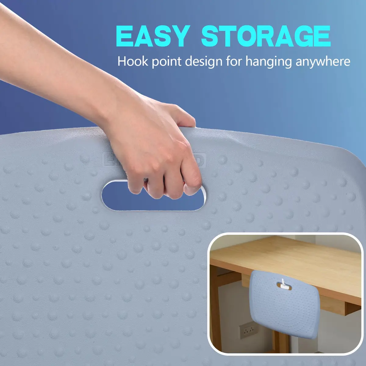 ergohead 3/4 inch anti fatigue standing desk mat, portable small standing pad with handle, waterproof kitchen floor mat with massage points, denim, 17" x 22" | Comfort & Support - view 7