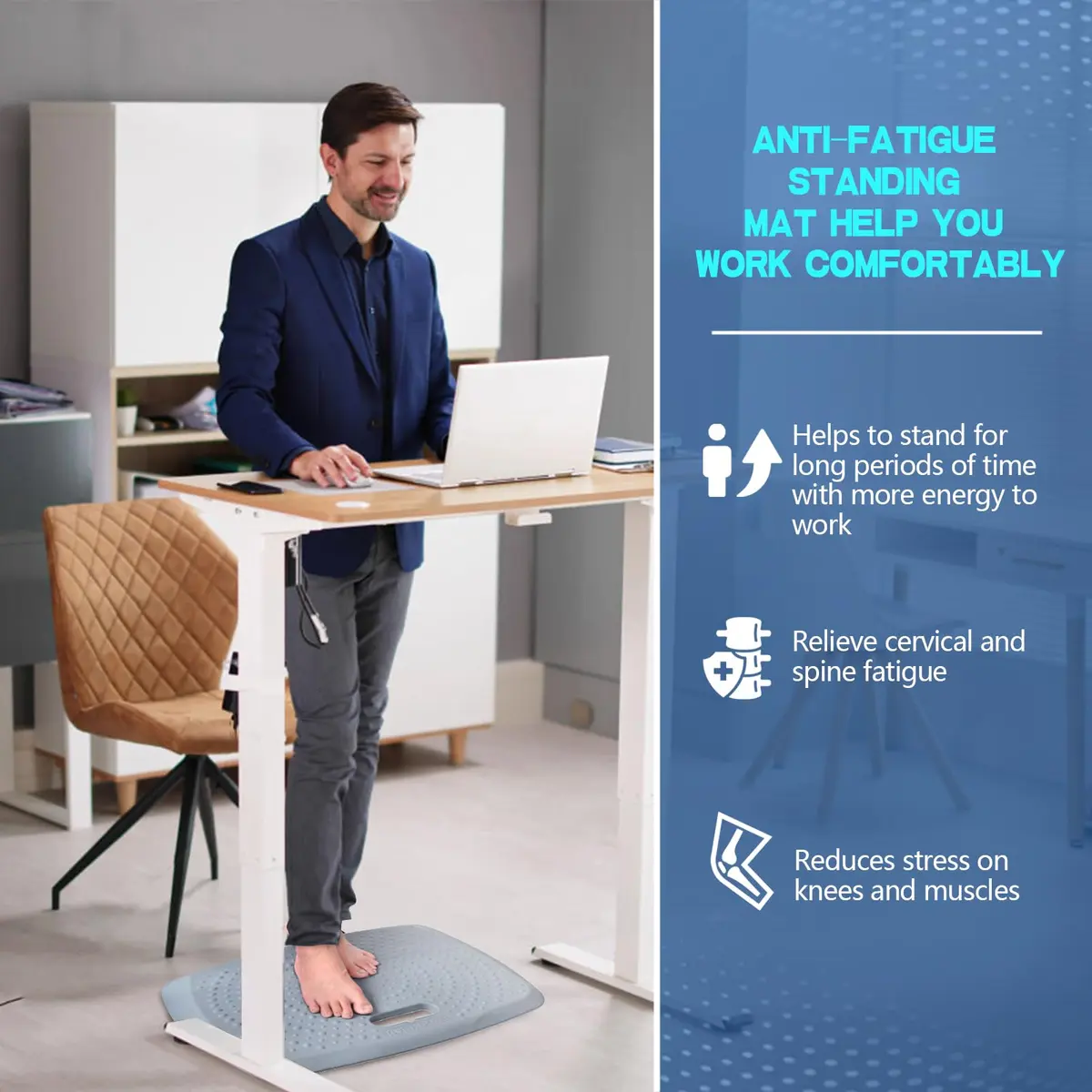ergohead 3/4 inch anti fatigue standing desk mat, portable small standing pad with handle, waterproof kitchen floor mat with massage points, denim, 17" x 22" | Comfort & Support - view 2