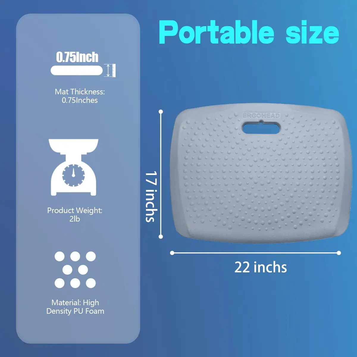ergohead 3/4 inch anti fatigue standing desk mat, portable small standing pad with handle, waterproof kitchen floor mat with massage points, denim, 17" x 22" | Comfort & Support - view 4