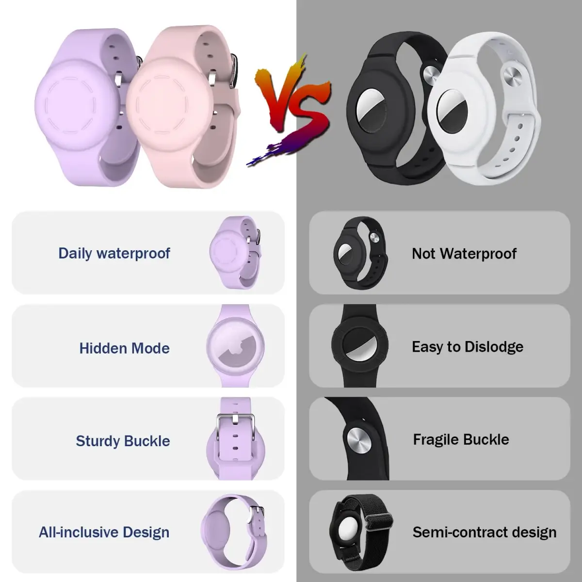 R-fun Waterproof Air Tag Bracelet [2 Pack] Pink/Light Purple | Soft Silicone Anti-Lost GPS Tracker Case - view 2