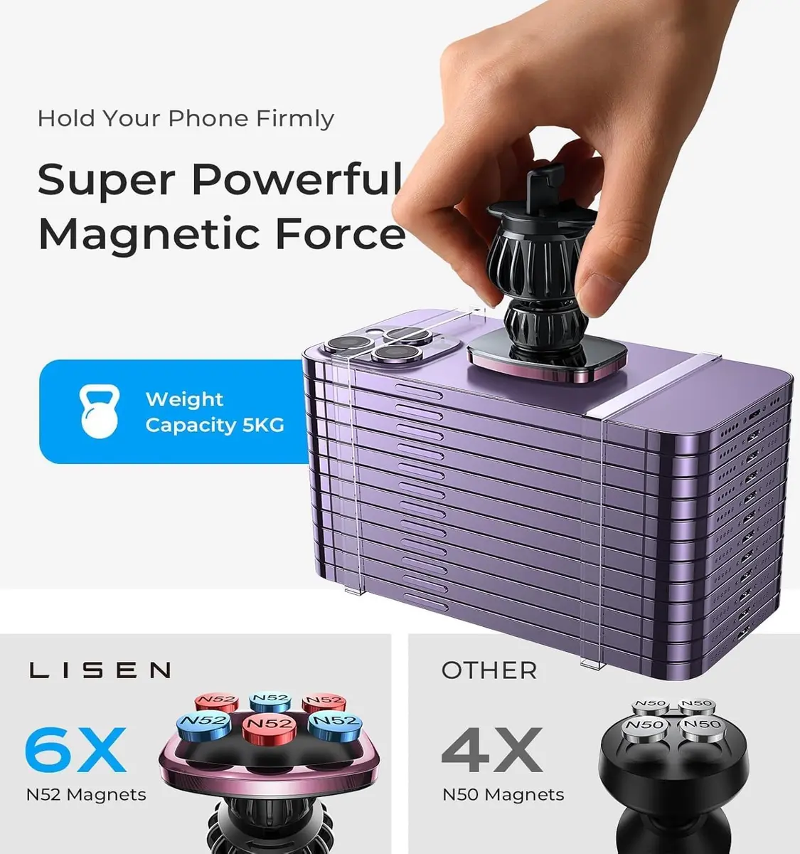 LISEN Magnetic Phone Holder for Car with Upgraded Clip, Pink | Secure 6-Magnet Mount for Vent & Dashboard - view 5