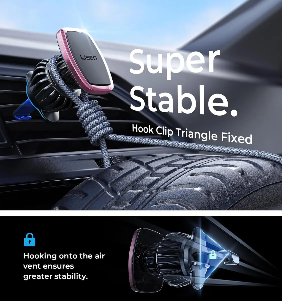 LISEN Magnetic Phone Holder for Car with Upgraded Clip, Pink | Secure 6-Magnet Mount for Vent & Dashboard - view 6