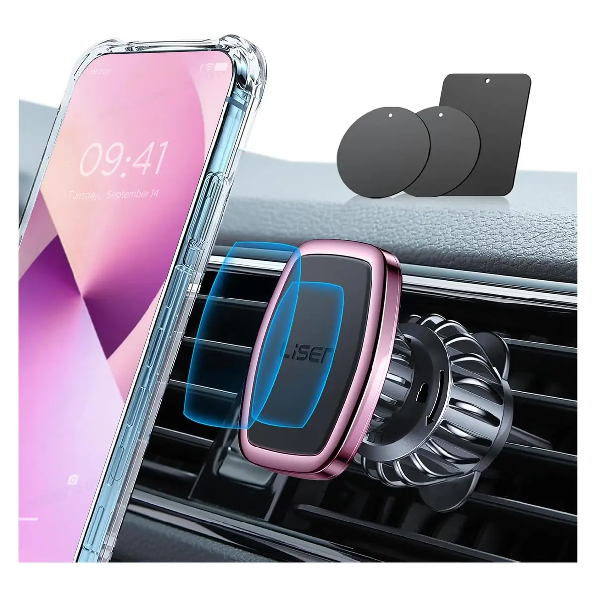 LISEN Magnetic Phone Holder for Car with Upgraded Clip, Pink | Secure 6-Magnet Mount for Vent & Dashboard - main product image