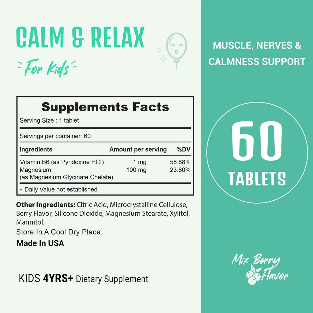 Heivy Kids Magnesium Glycinate 100mg & Vitamin B6 | Supports Calm & Relaxation for Children 4+ - view 5