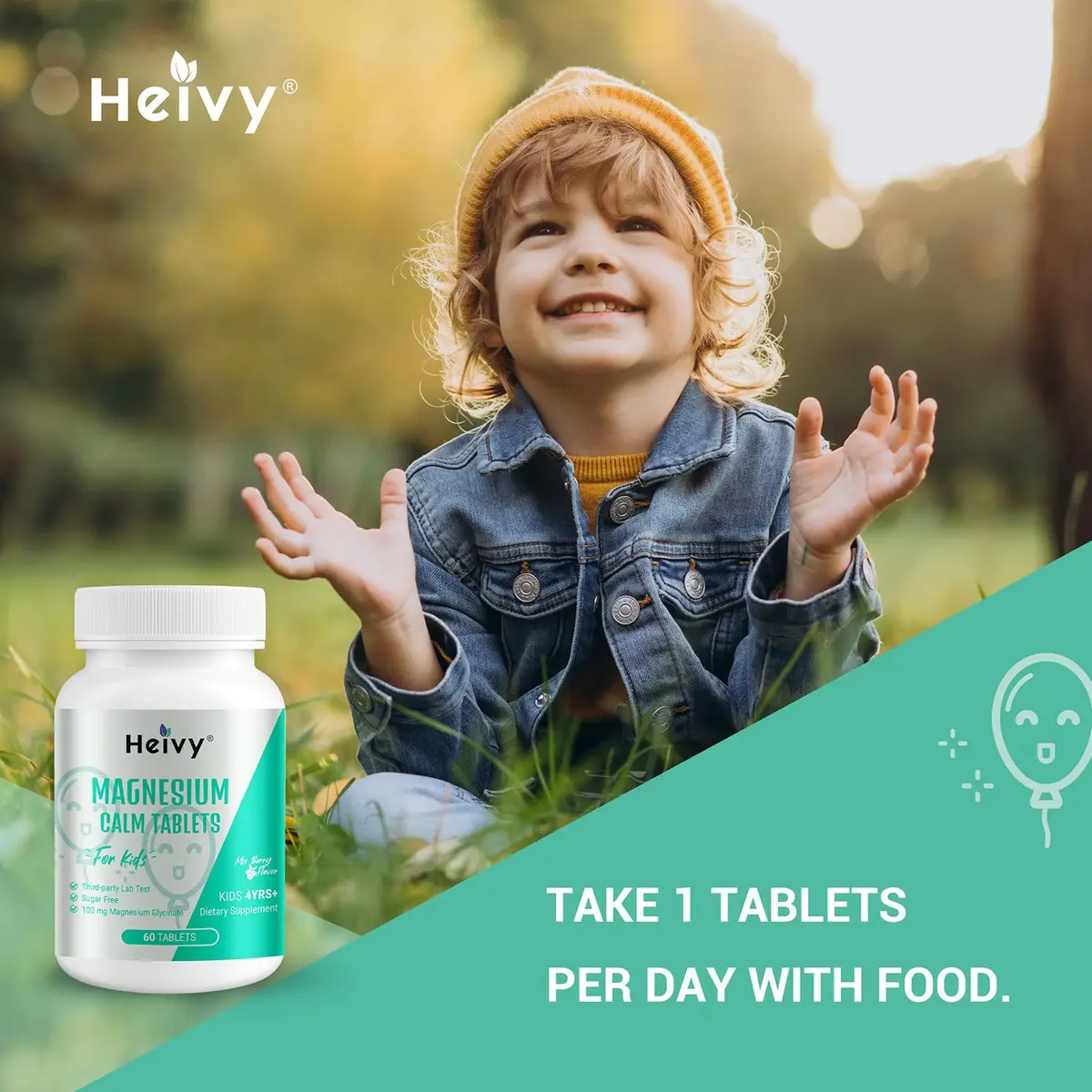 Heivy Kids Magnesium Glycinate 100mg & Vitamin B6 | Supports Calm & Relaxation for Children 4+ - view 6