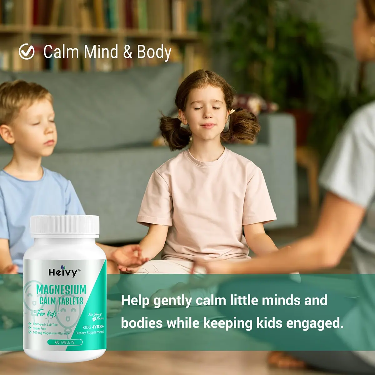 Heivy Kids Magnesium Glycinate 100mg & Vitamin B6 | Supports Calm & Relaxation for Children 4+ - view 7