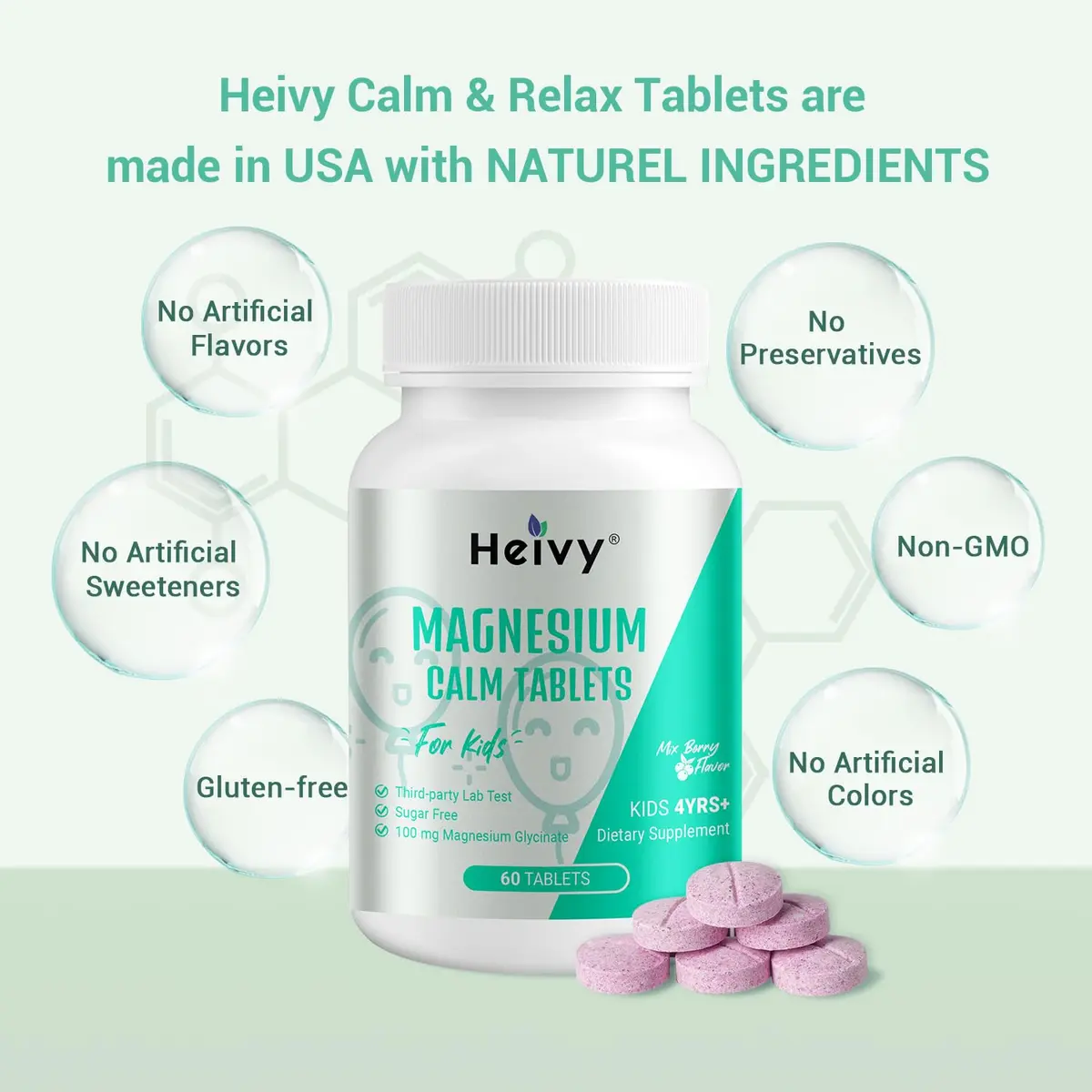 Heivy Kids Magnesium Glycinate 100mg & Vitamin B6 | Supports Calm & Relaxation for Children 4+ - view 3