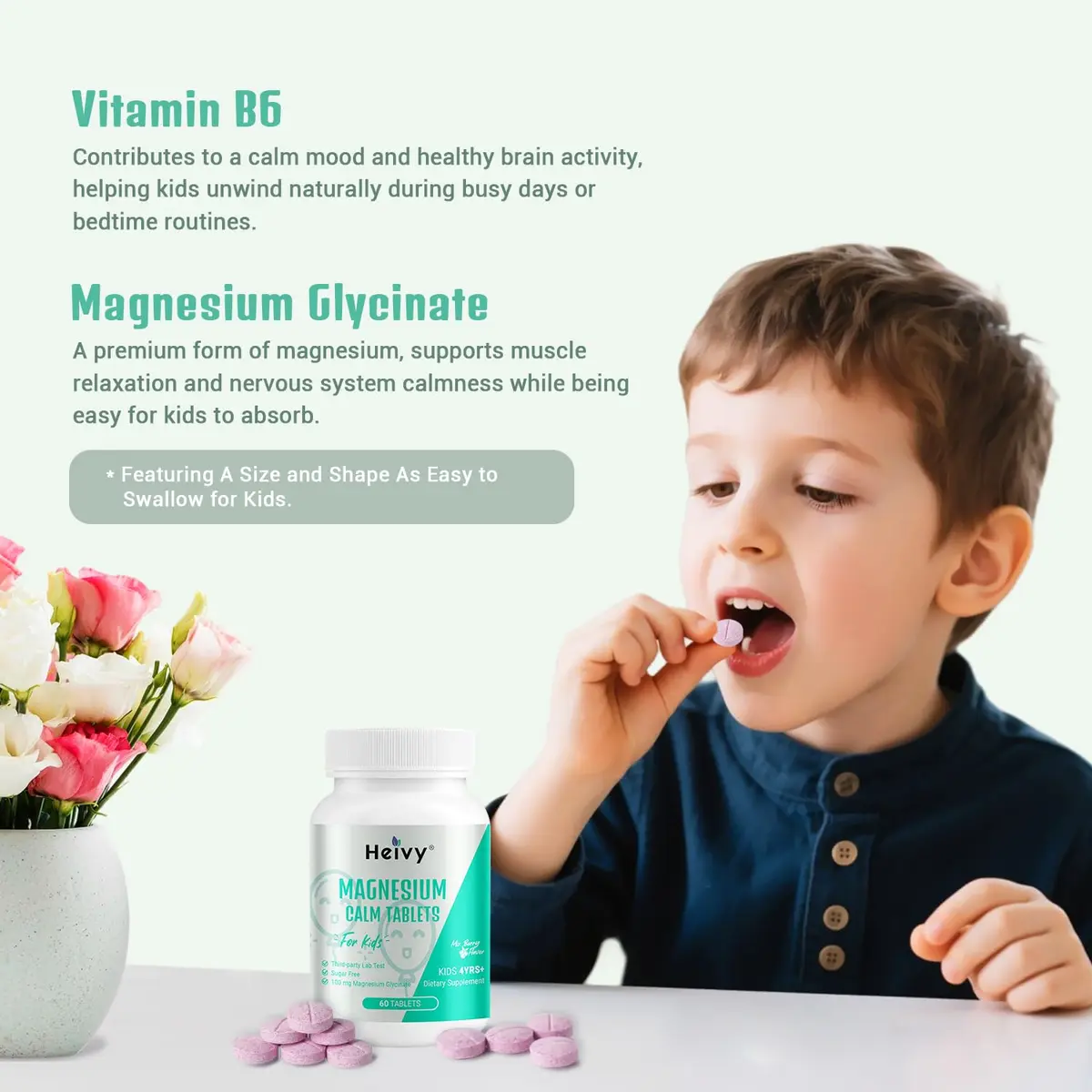 Heivy Kids Magnesium Glycinate 100mg & Vitamin B6 | Supports Calm & Relaxation for Children 4+ - view 4