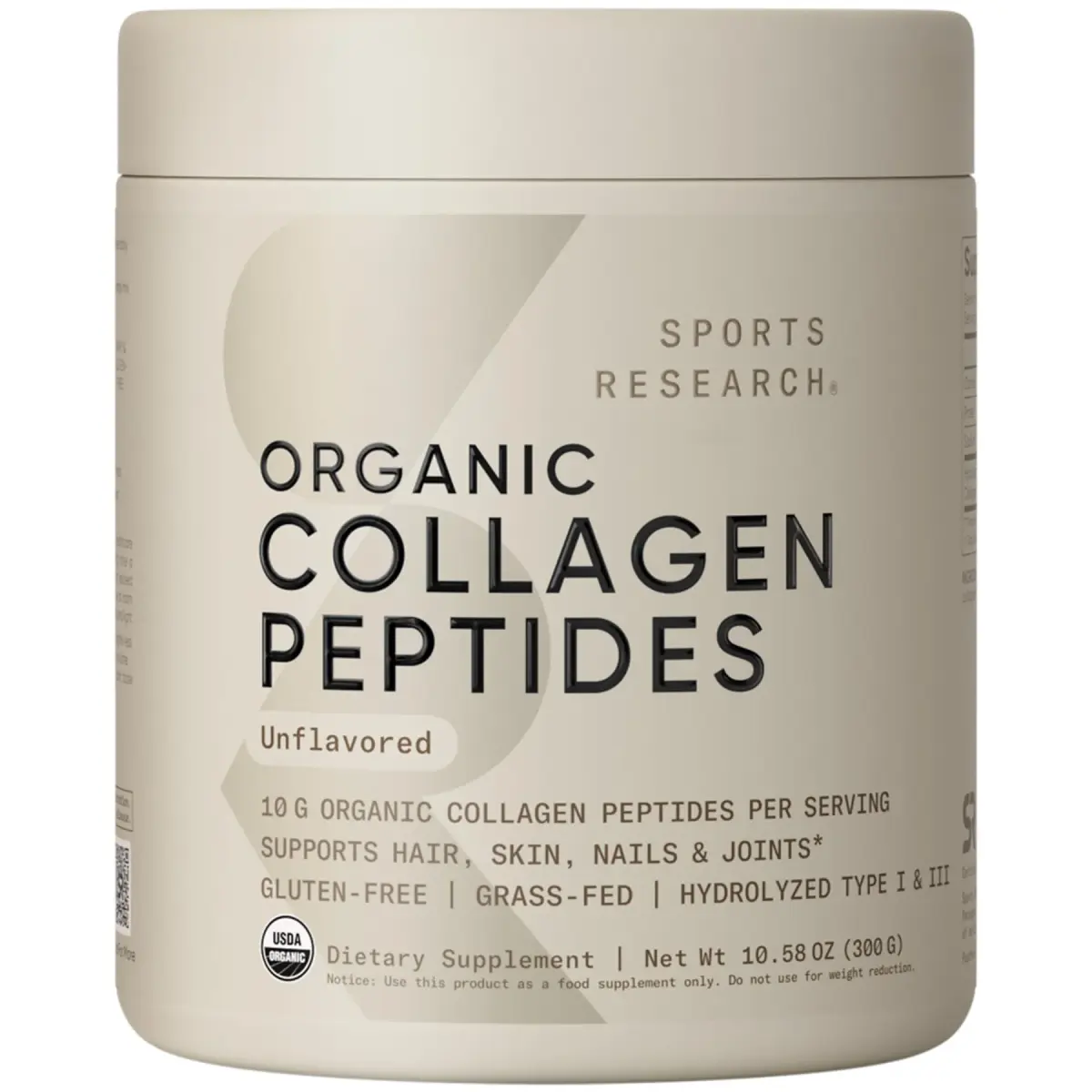 Sports Research Organic Collagen Peptides Powder 10.58oz (299.9g) | USDA Organic, Type I & III, 30 Servings - main product image