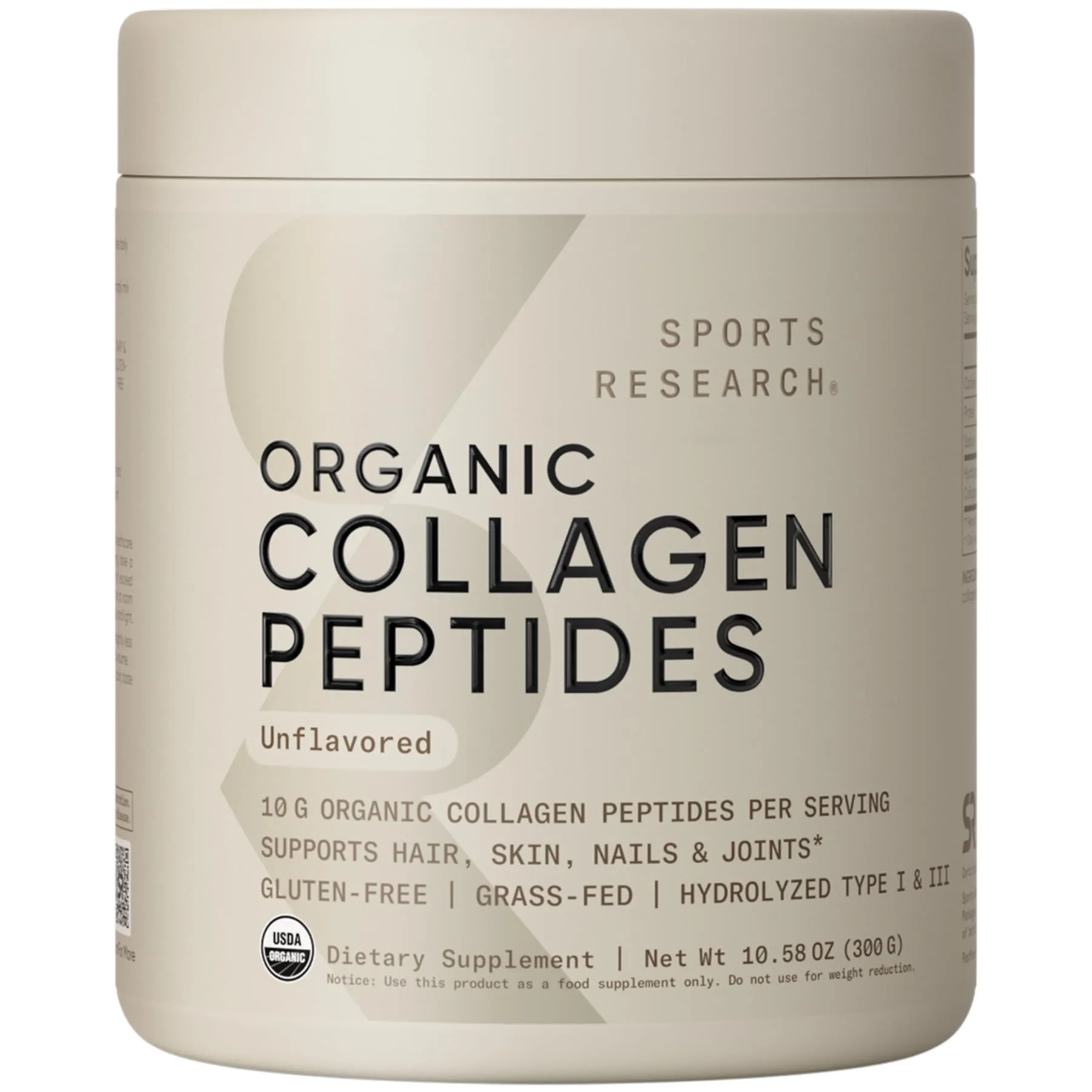 Sports Research Organic Collagen Peptides Powder Unflavored 10.58 oz | USDA Organic Daily Wellness Support - main product image