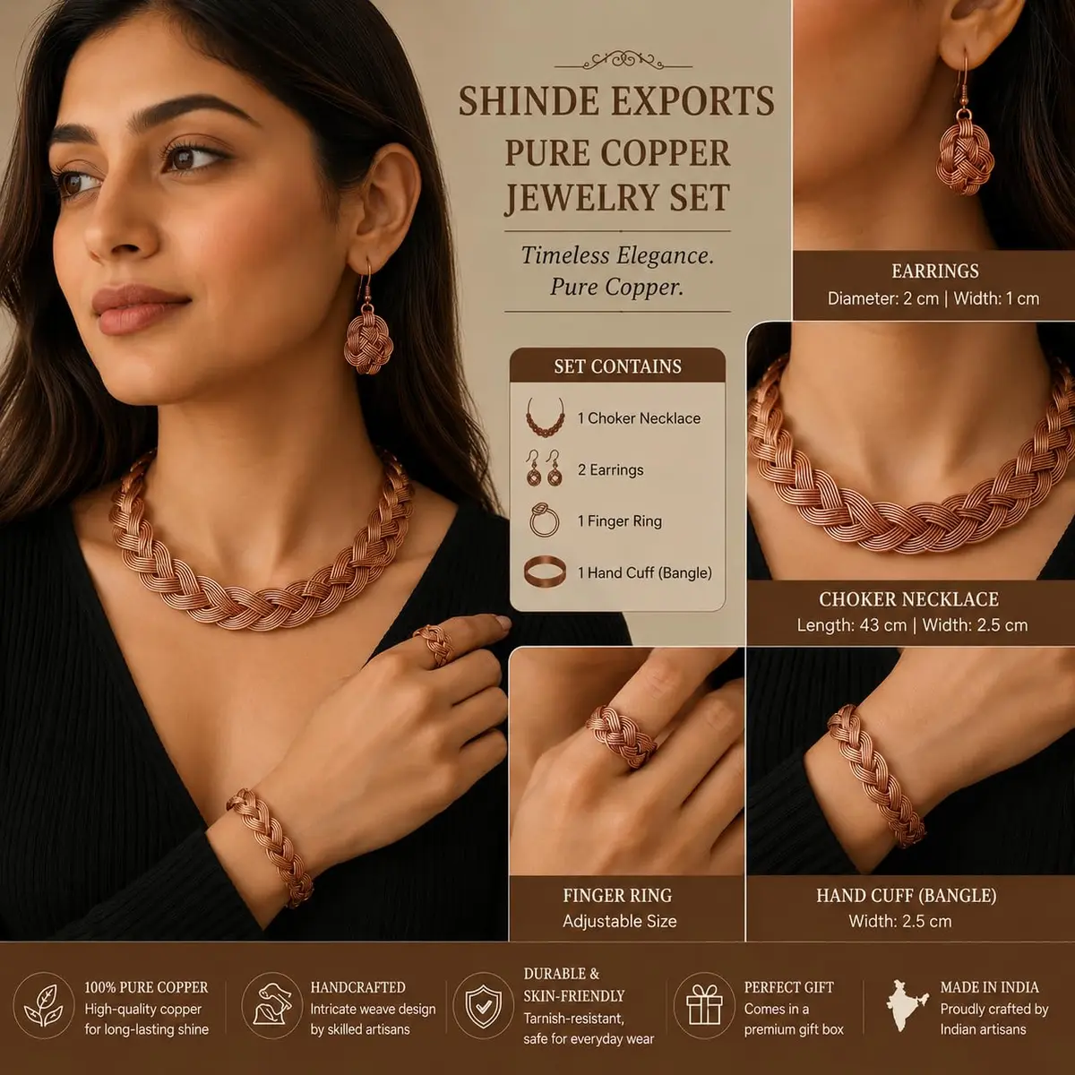 SHINDE EXPORTS Pure Copper Choker Necklace Set with Earrings for Women | Indian Jewelry Set (Style 1) - view 7