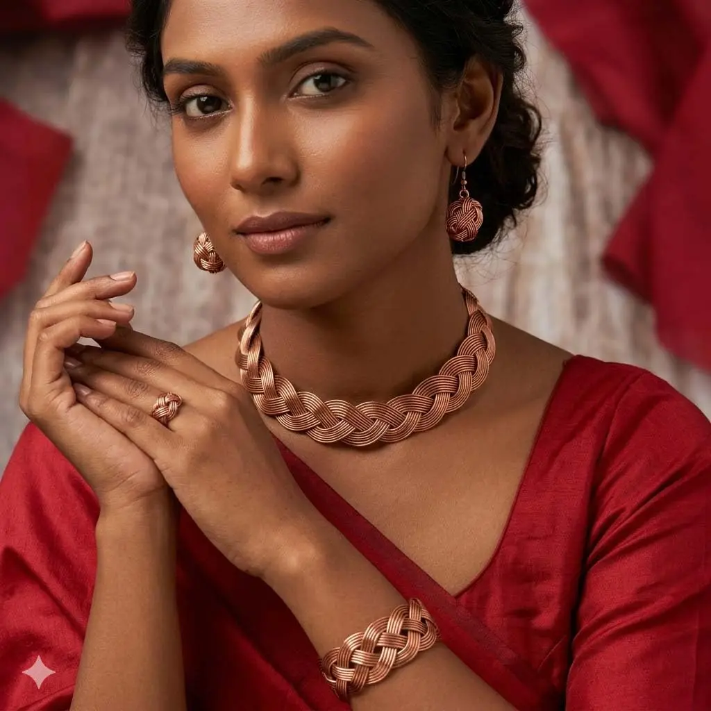 SHINDE EXPORTS Pure Copper Choker Necklace Set with Earrings for Women | Indian Jewelry Set (Style 1) - view 2