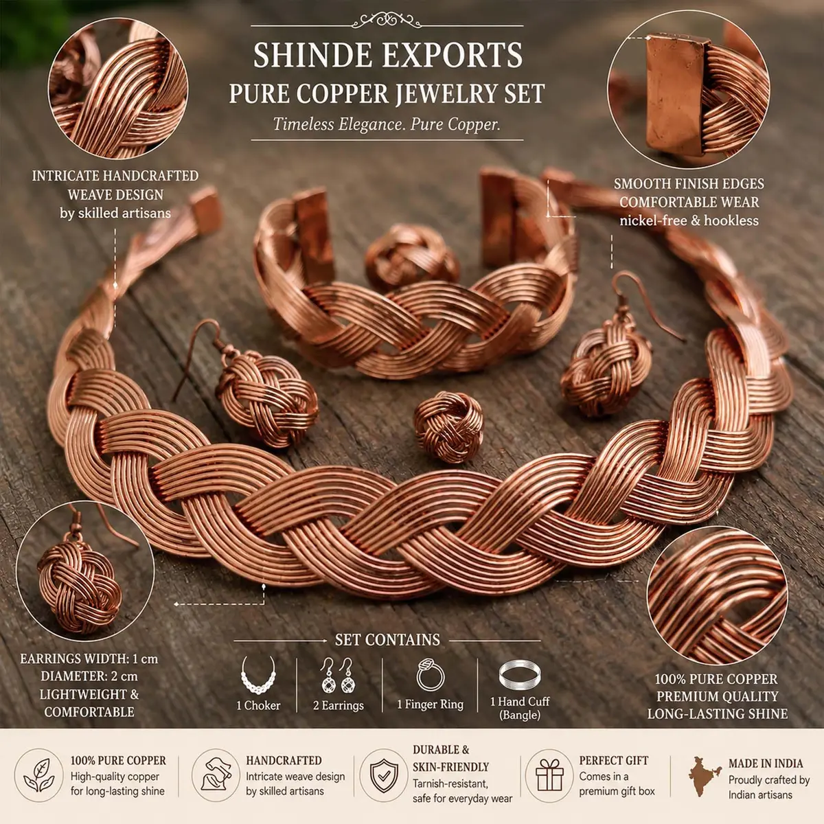 SHINDE EXPORTS Pure Copper Choker Necklace Set with Earrings for Women | Indian Jewelry Set (Style 1) - view 3