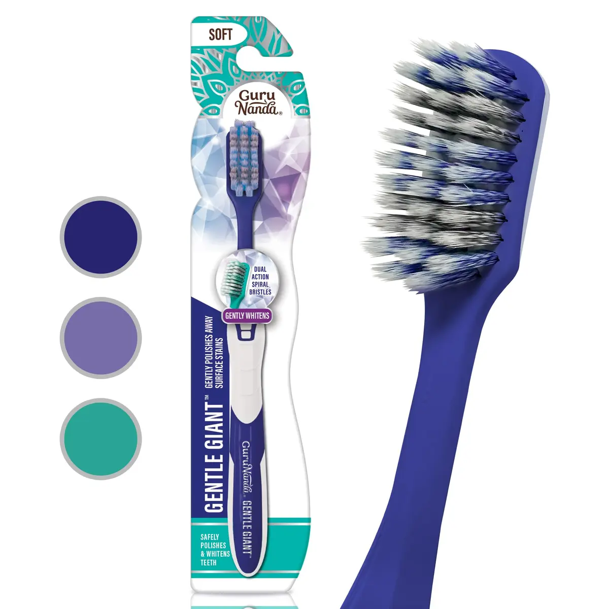 GuruNanda Gentle Giant Toothbrush with Dual Action Flossing Spiral Bristles, Non-Slip Ergo Dexa Grip, BPA Free (1 Count) - main product image