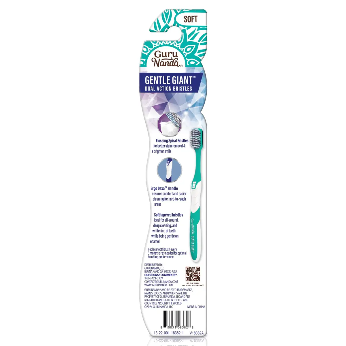 GuruNanda Gentle Giant Toothbrush with Dual Action Flossing Spiral Bristles, Non-Slip Ergo Dexa Grip, BPA Free (1 Count) - view 8