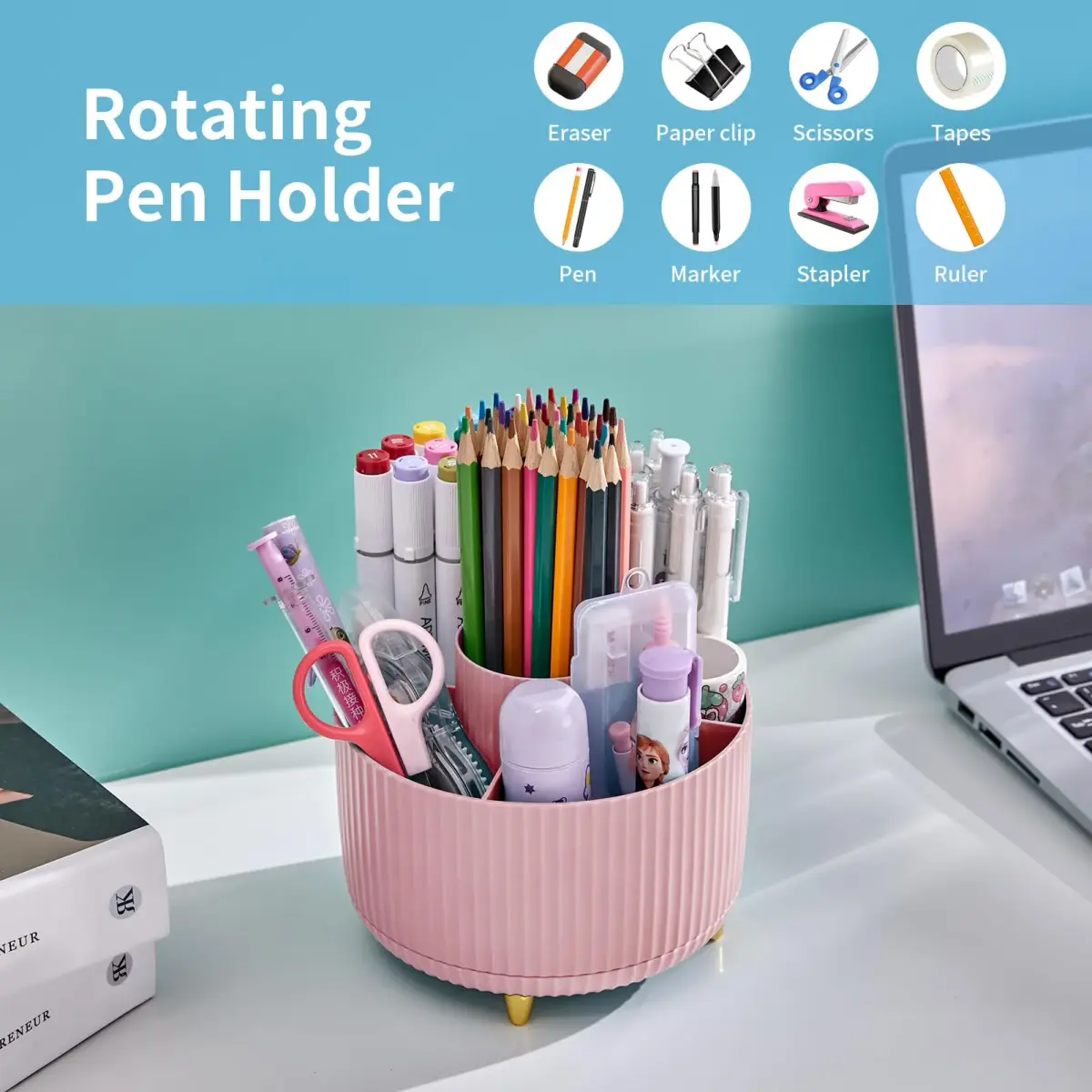 Marbrasse 360 Rotating Desk Organizer Caddy 14.7cm (5.79") | 5 Compartments for Pens, Art Supplies, Office & Home - view 3