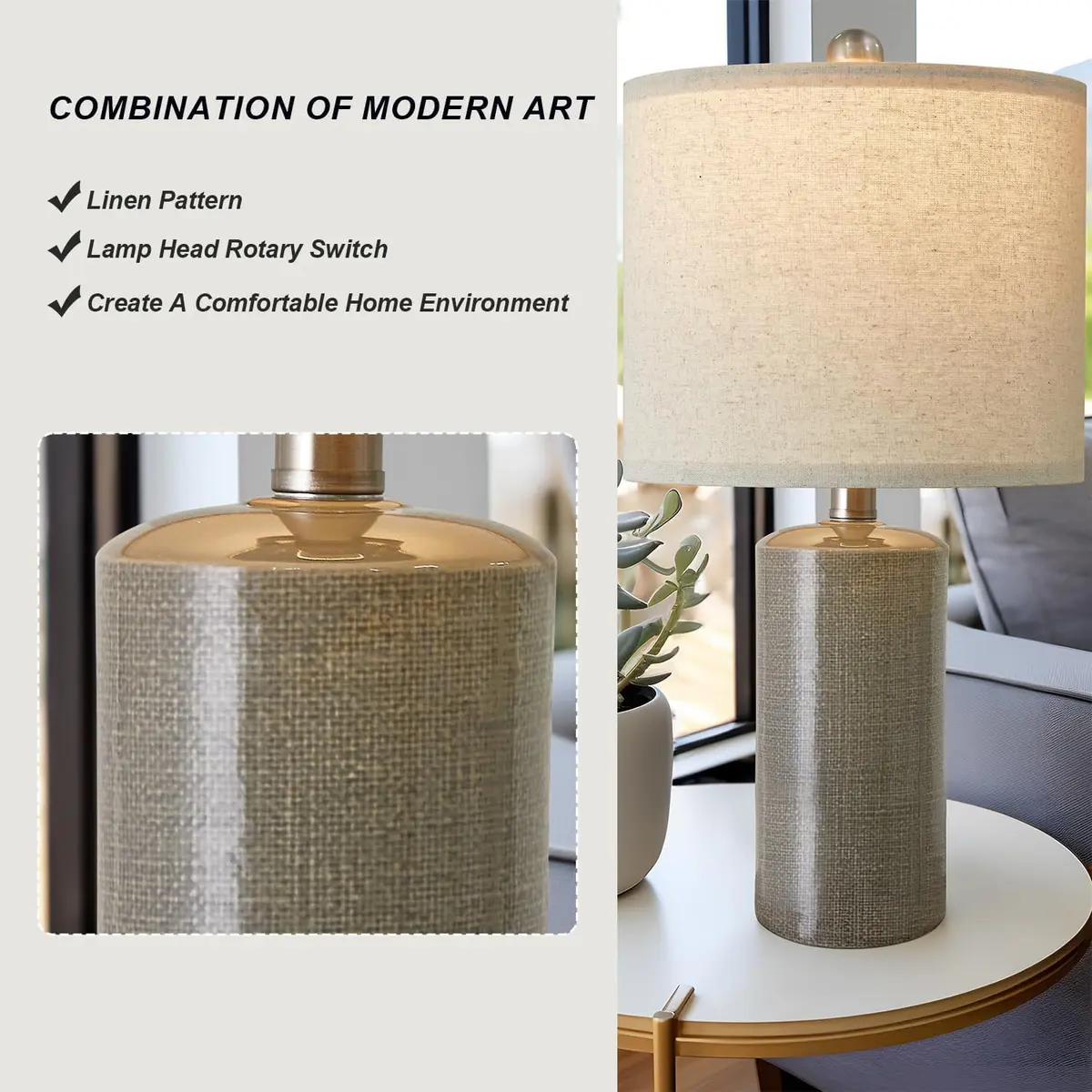 G-SAFAVA Grey Ceramic Table Lamps Set of 2, 20.25" (51.44 cm) | Modern Design for Living Room & Bedroom - view 4