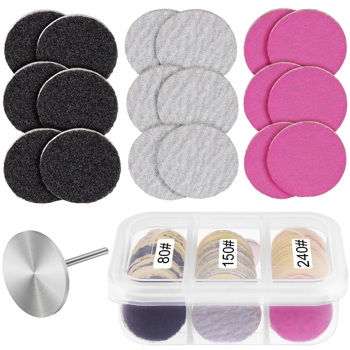 Rolybag 60Pcs Sanding Discs with Metal Mandrel Bit 25mm | 80/150/240 Grit Foot Callus Remover - main product image
