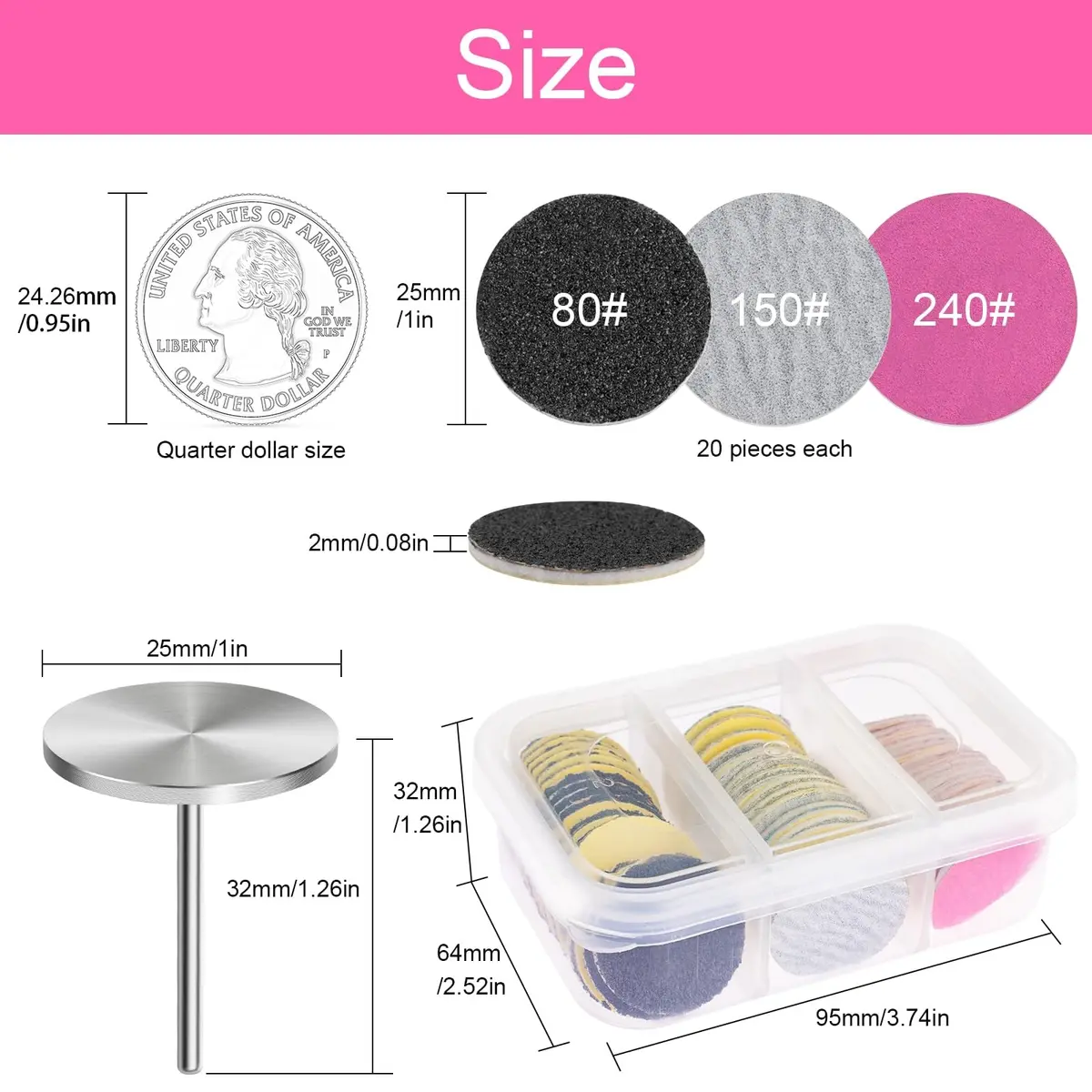 Rolybag 60Pcs Sanding Discs with Metal Mandrel Bit 25mm | 80/150/240 Grit Foot Callus Remover - view 6