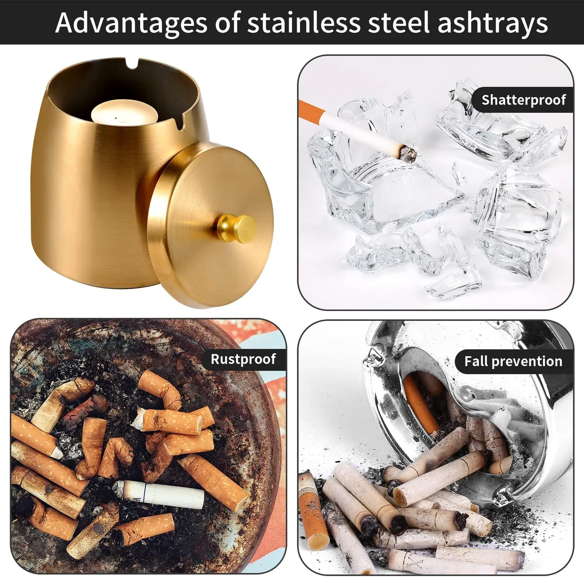 Hargtar Outdoor Ashtrays for Patio with Lid | Windproof Stainless Steel Ash Tray Set - view 3