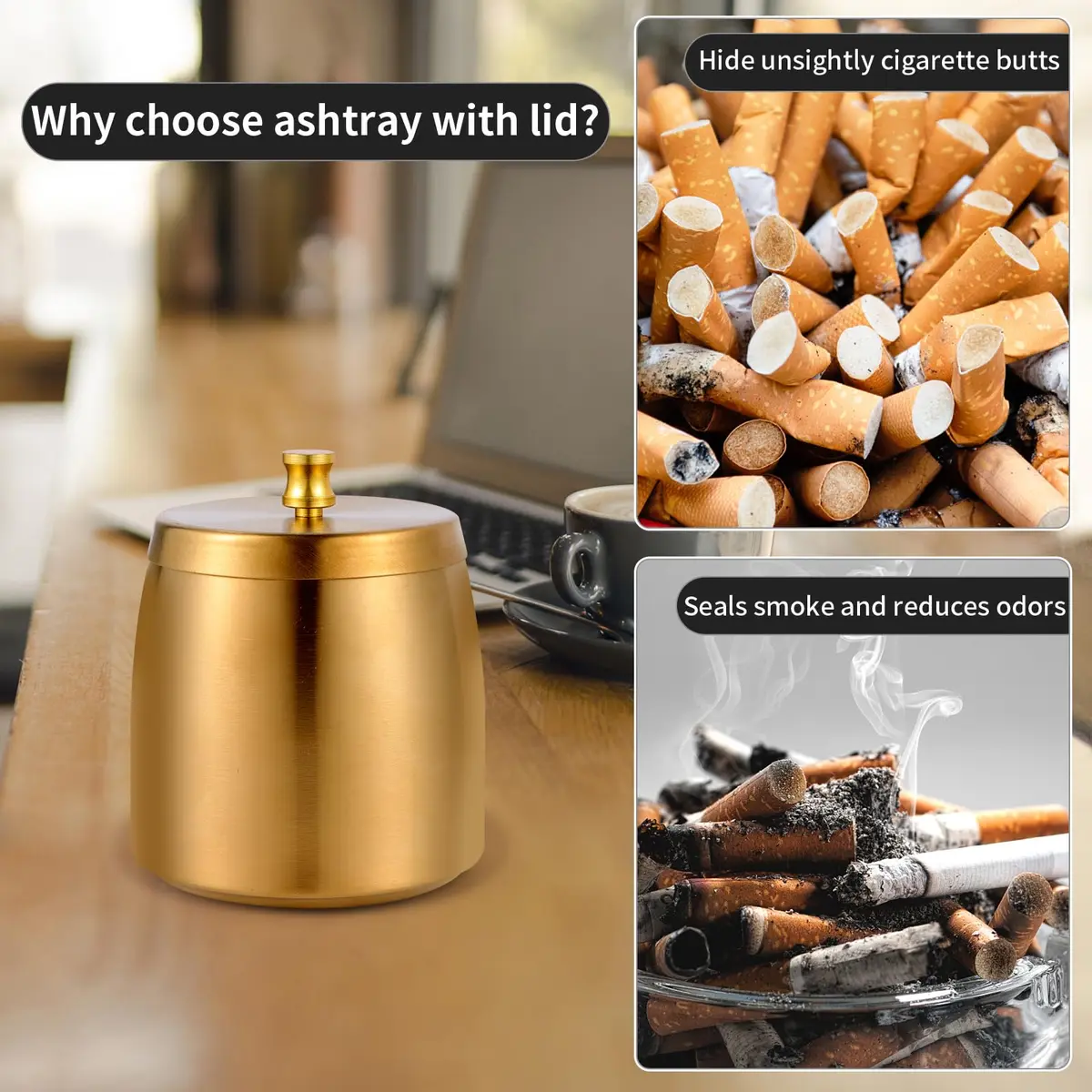 Hargtar Outdoor Ashtrays for Patio with Lid | Windproof Stainless Steel Ash Tray Set - view 4