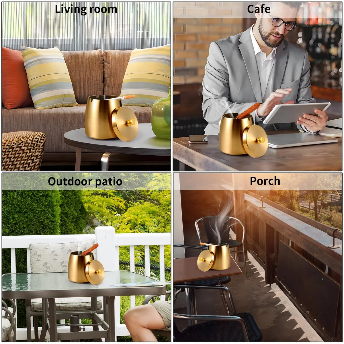 Hargtar Outdoor Ashtray with Lid | Windproof Stainless Steel for Patio & Balcony - view 6